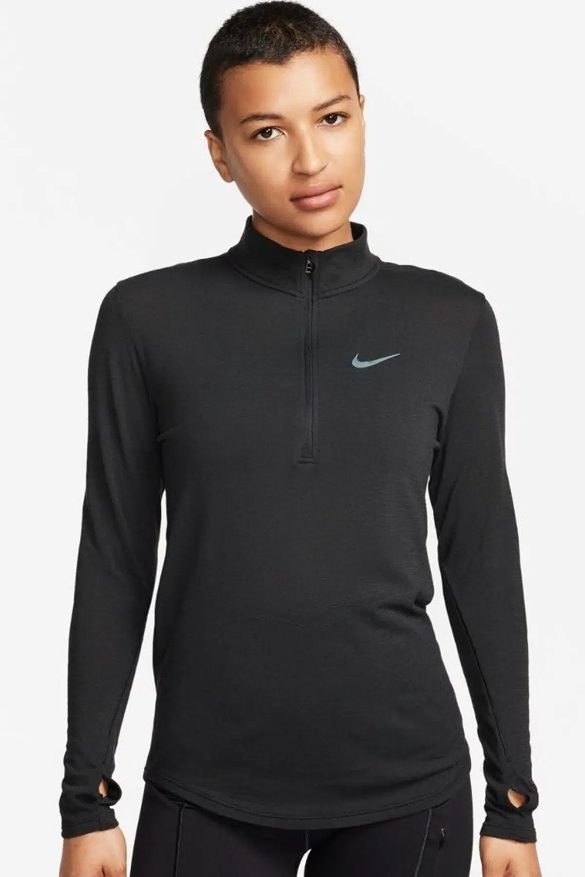 Nike Dri Fit Swift Half Zip Wool Slim Fit Running Top Kadın Yarım Fermuar Yaka Koşu Sweatshirt Siyah