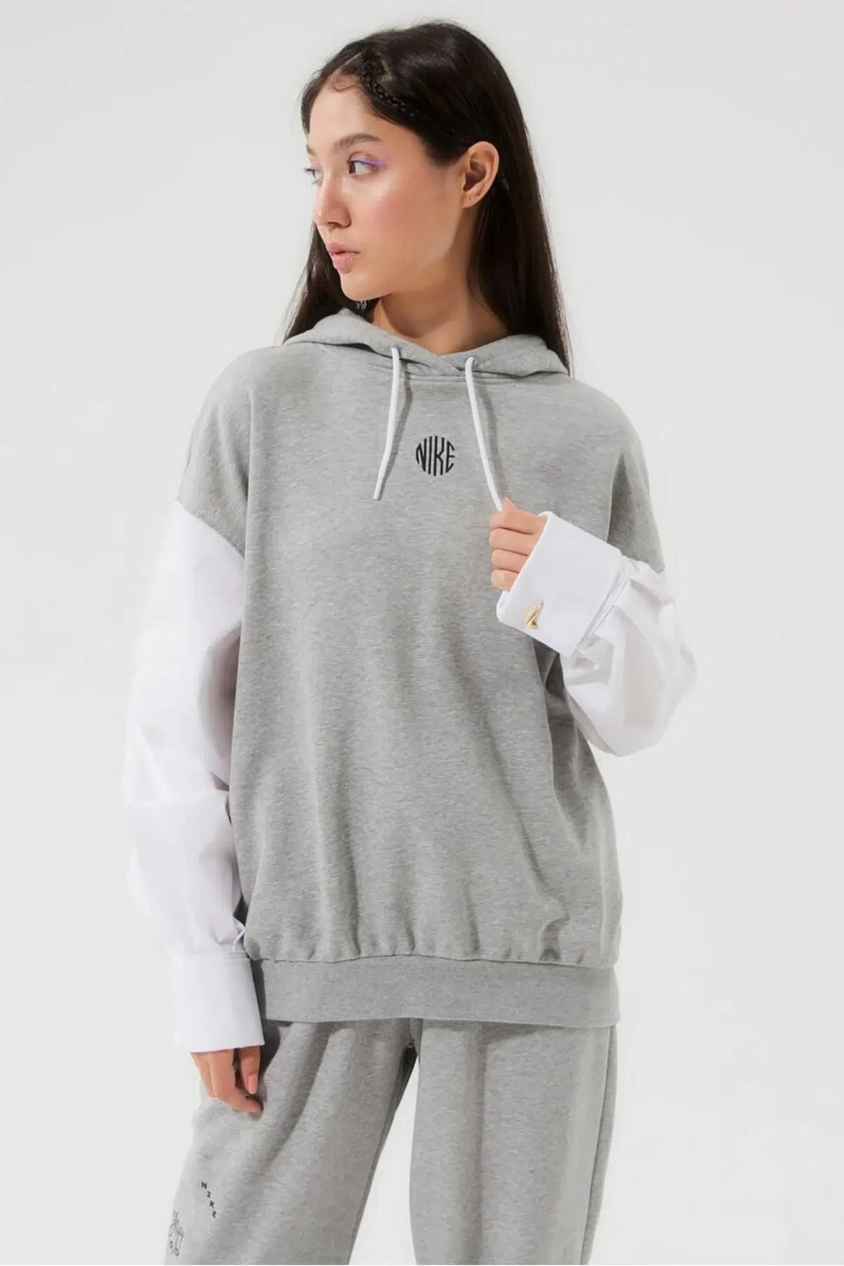 Nike icon Clash Fleece Hoodie Oversize Kapüşonlu Bol kesim Sweatshirt Gri