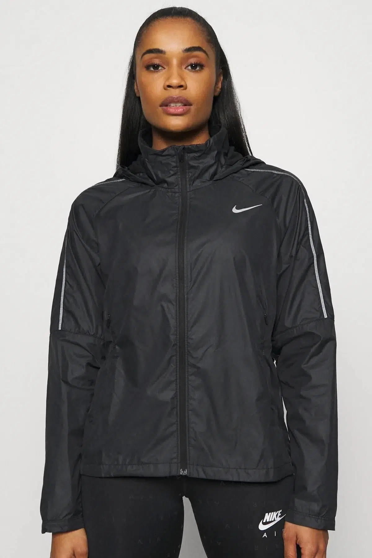 Nike Shield Storm Fit Running Full Zip Hoodie Reflektörlü Kapüşonlu Kadın Ceket Mat Siyah