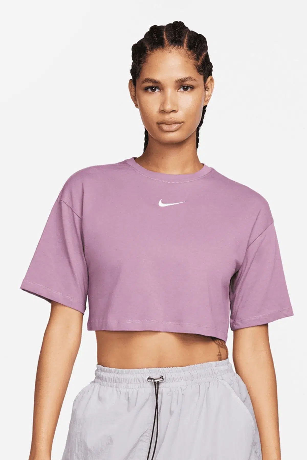 Nike Swoosh Women’s Loose Fit Crop Top T-shirt Kadın Bol Kalıp Pamuklu Kısa Tişört Mor