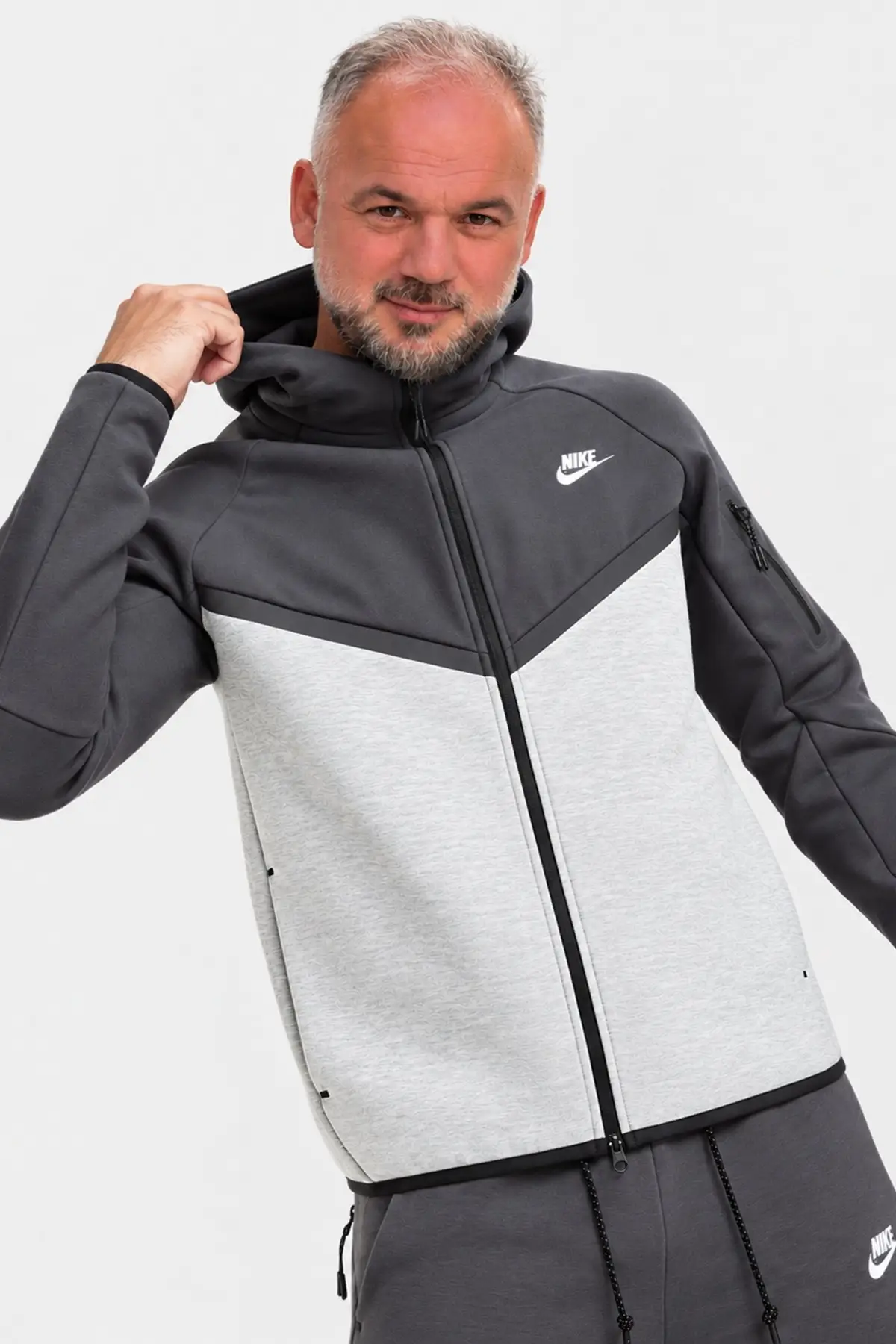 IH4302-063 Nike Tech Fleece Full Zip Windrunner Hoodie Kapüşonlu Erkek Sweatshirt Gri Antrasit