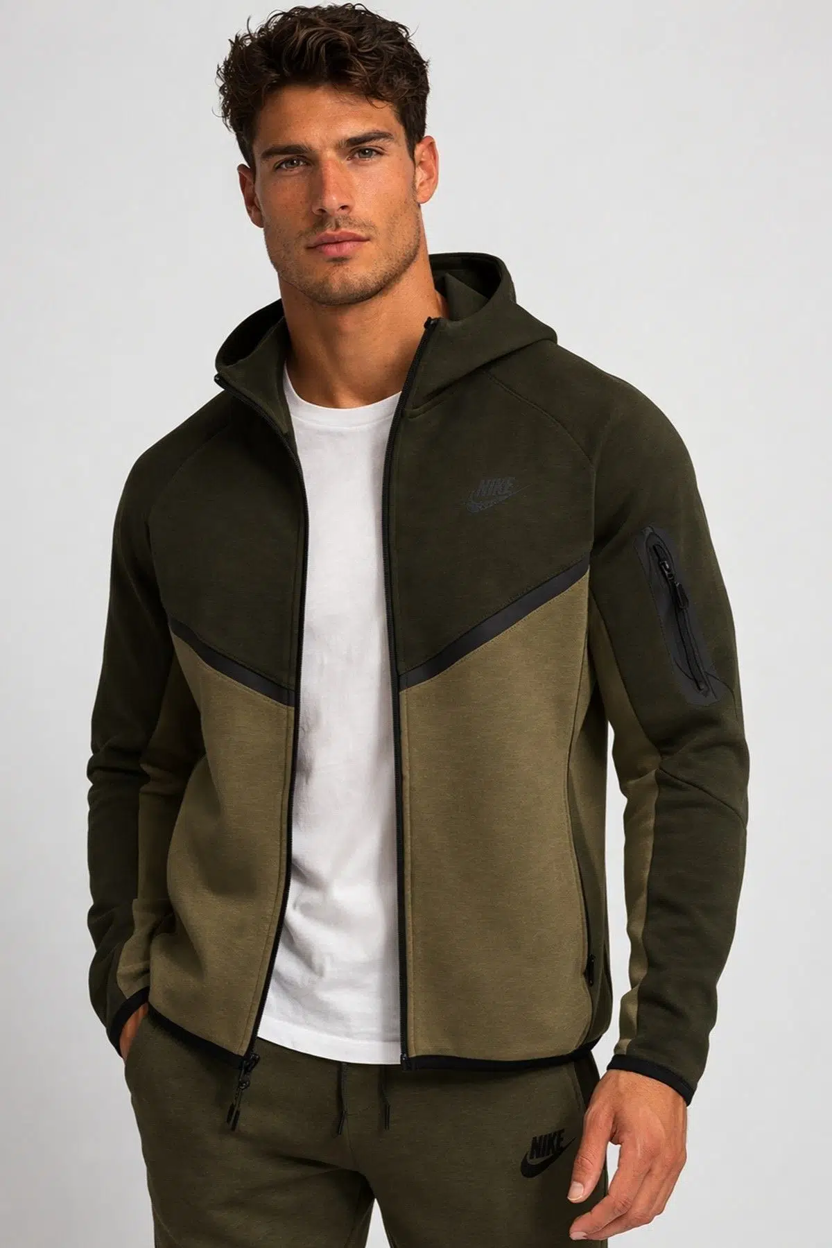 Nike Tech Fleece Full Zip Windrunner Hoodie Kapüşonlu Unisex Sweatshirt Haki 