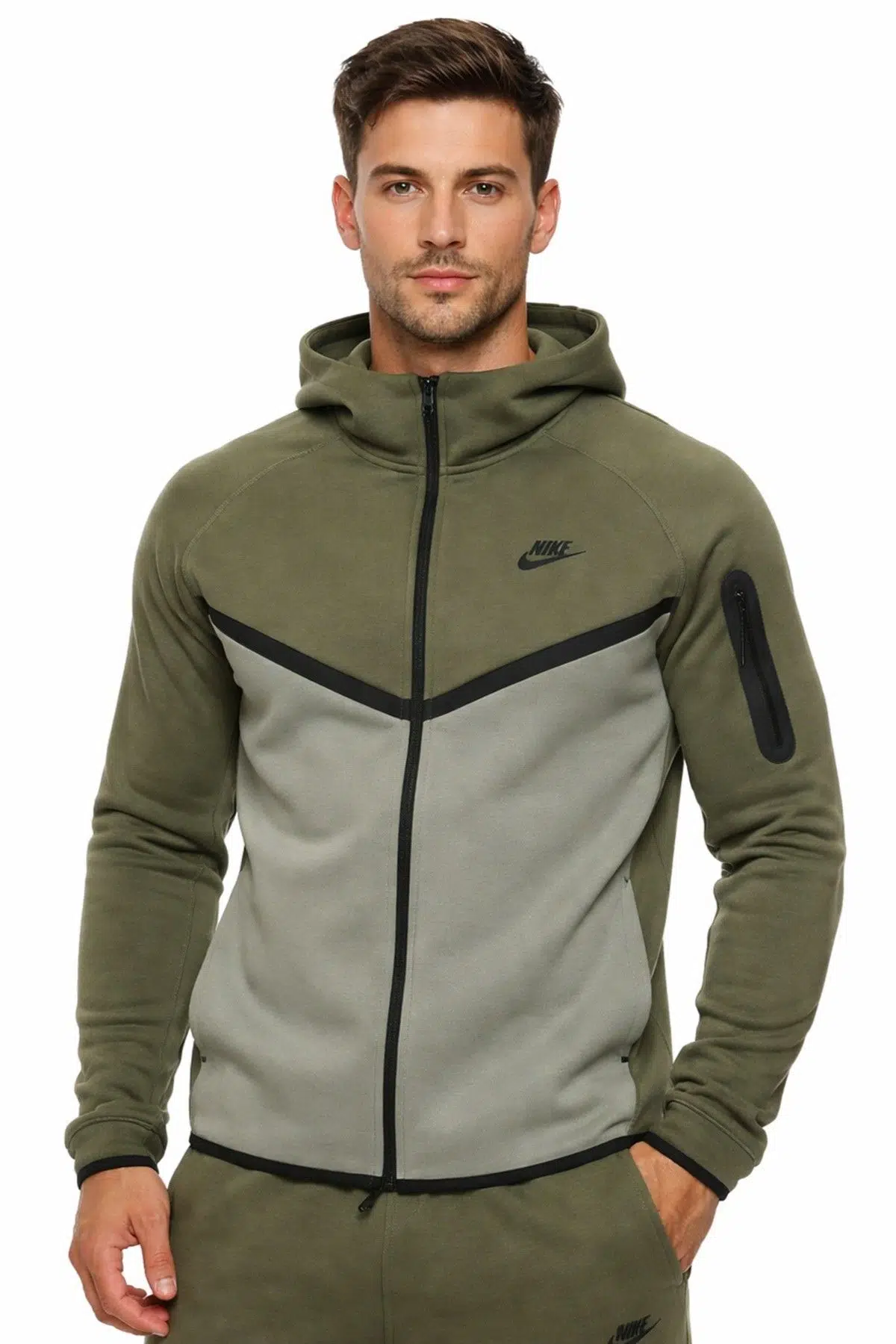 Nike Tech Fleece Full Zip Windrunner Hoodie Kapüşonlu Unisex Sweatshirt Haki Yeşil