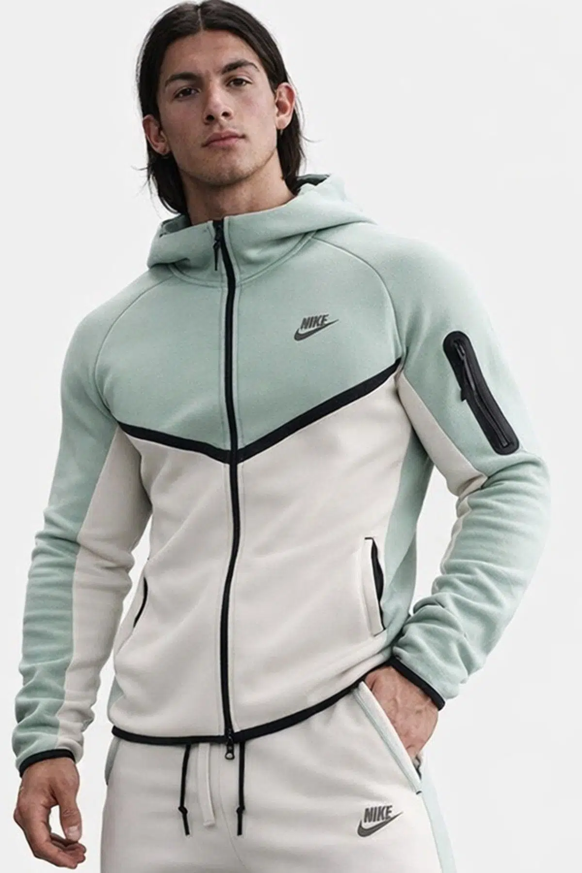 Nike Tech Fleece Full Zip Windrunner Hoodie Kapüşonlu Unisex Sweatshirt Yeşil Krem