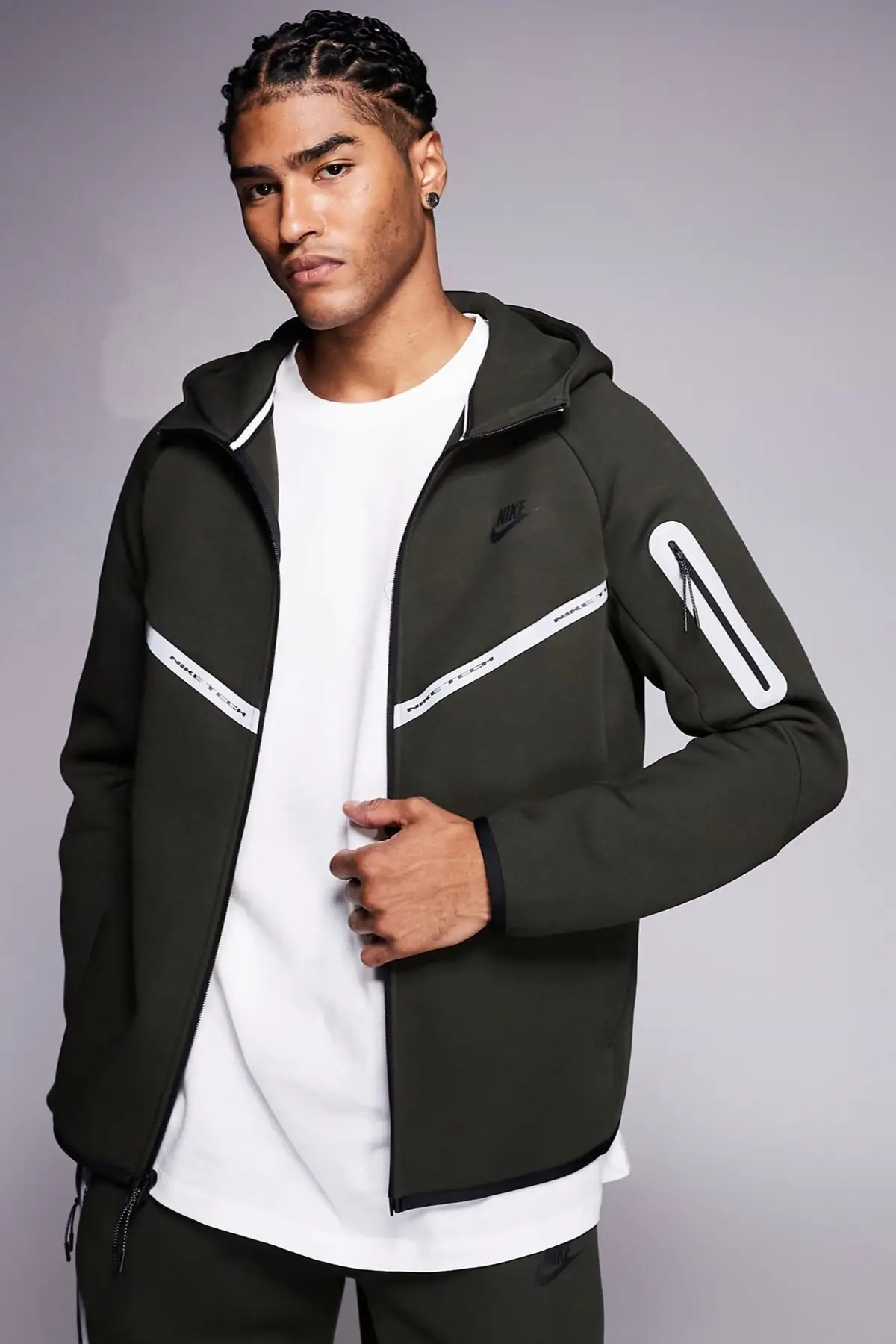 IM6537-355 Nike Tech Fleece Full Zip Windrunner Hoodie Yansıtıcı Tam Fermuar Erkek Sweatshirt Haki