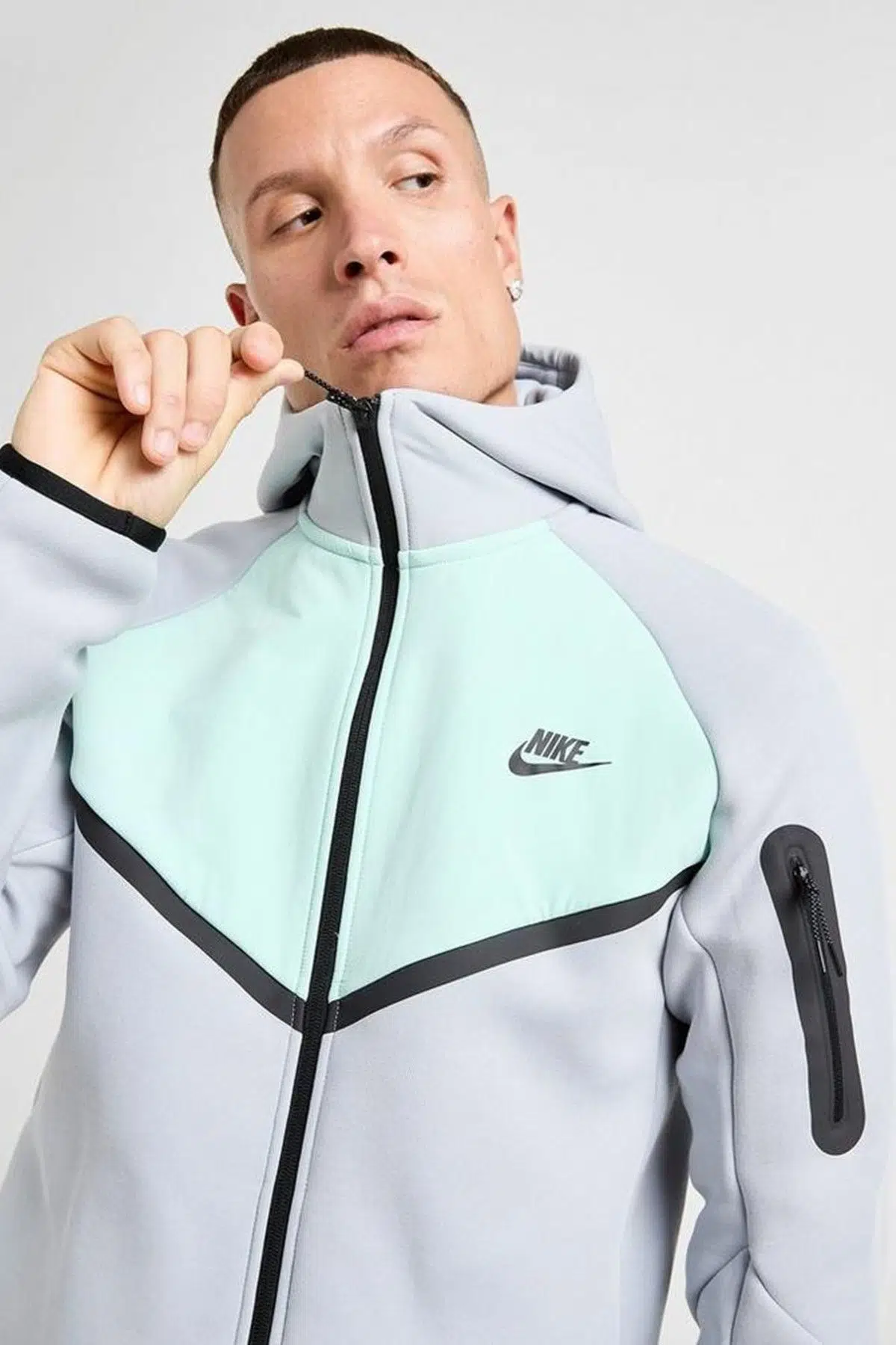 Nike Tech Fleece Mix Full Zip Windrunner Hoodie Kapüşonlu Unisex Sweatshirt Gri-Yeşil