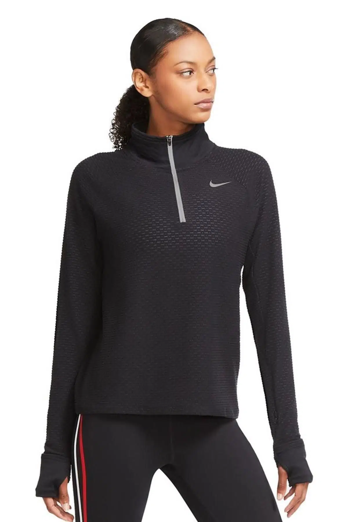 Nike Therma Dri-Fit Yarım Fermuarlı El Korumalı Koşu Üstü Siyah