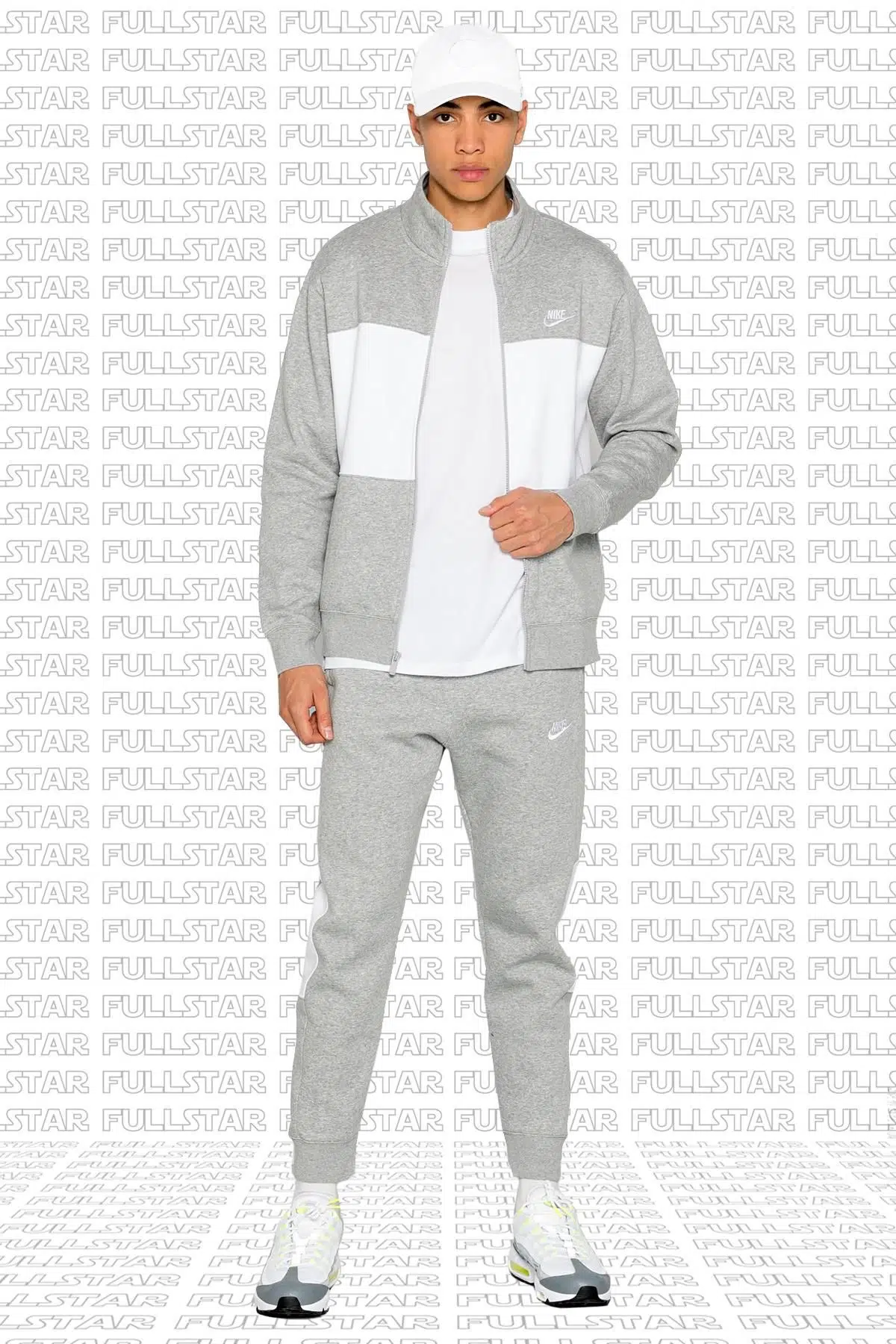 Nike Track Suit Fleece Colorblock Full Zip Şardonlu Pamuklu Kalın Eşofman Takımı Gri Beyaz