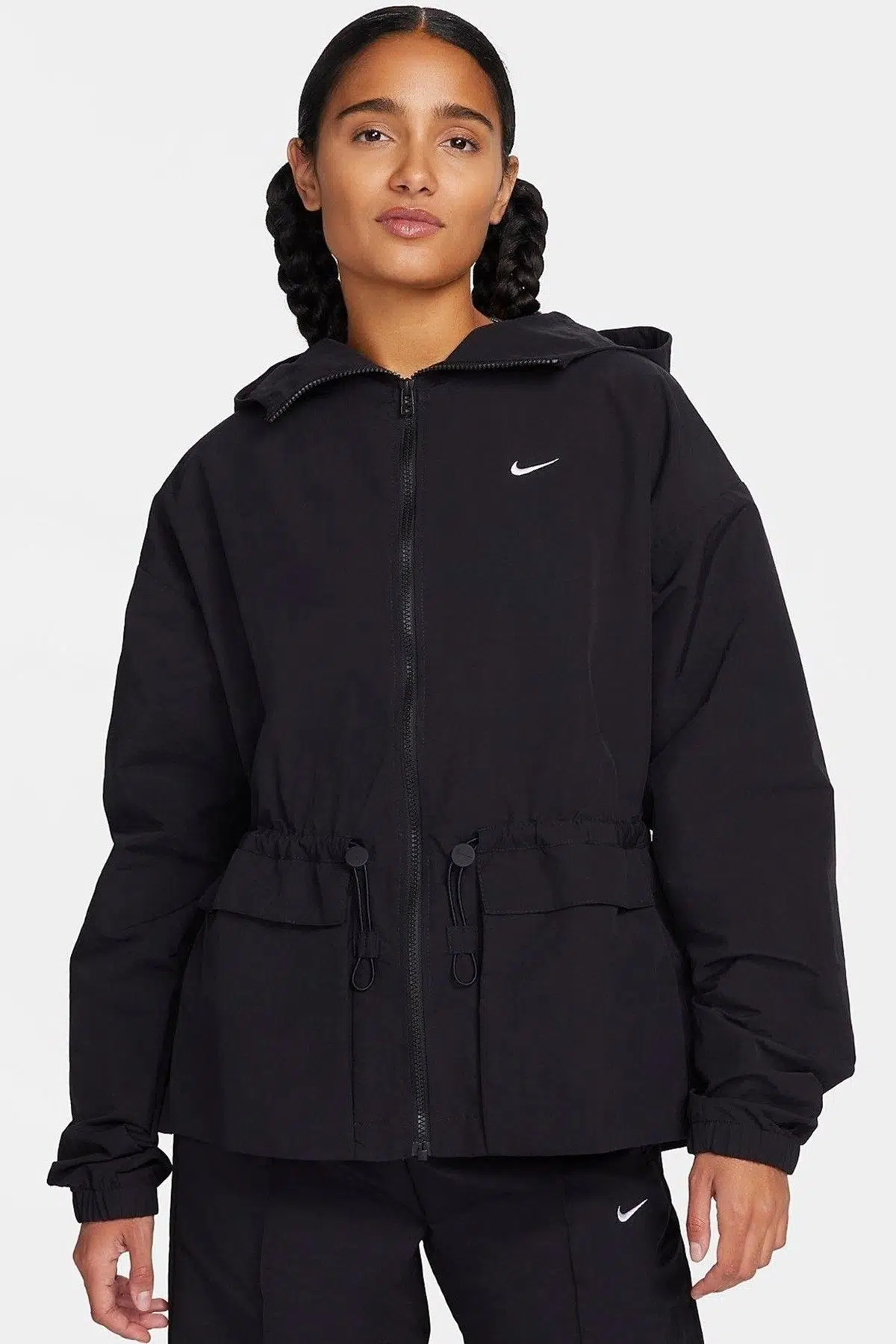 Nike Trend Lightweight Woven Oversize Hoodie Jacket Kadın Oversize Dokuma Bel Ayarlı Kapüşonlu Ceket Siyah