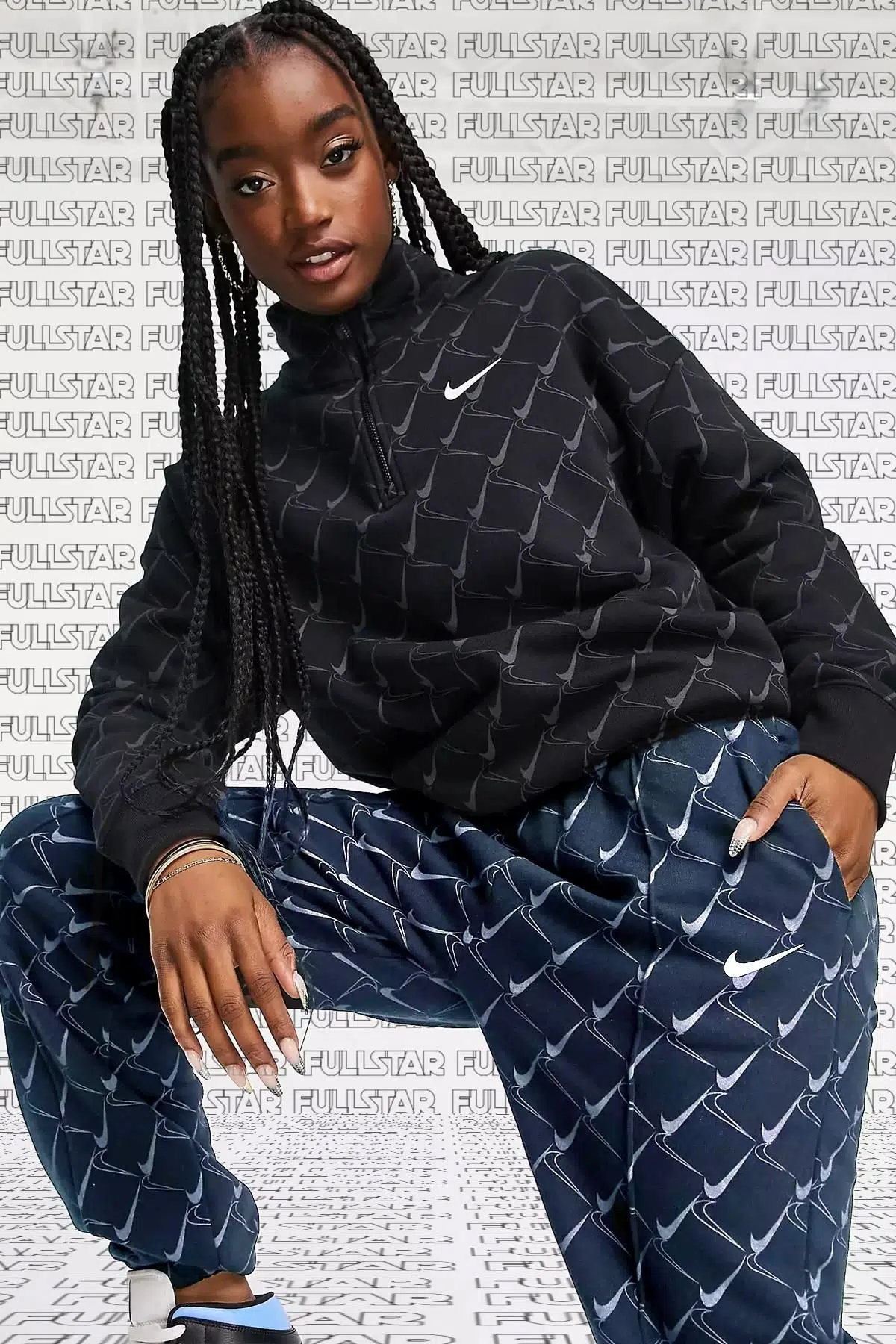 Nike Trend Swoosh Printed Fleece Hoodie 1/4 Zip Yarım Fermuarlı Sweatshirt Siyah