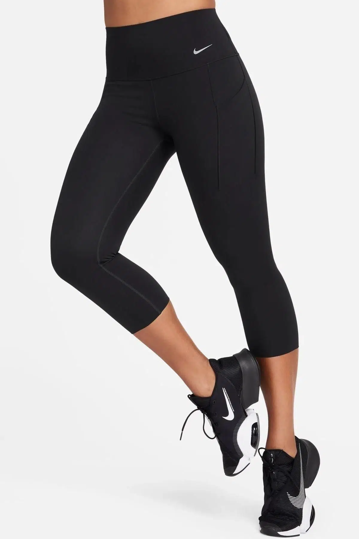 Nike Universa Medium Support High Rise Crop Length Kadın Yüksek Bel Toparlayıcı 2 Cepli Dalgıç Kumaş Tayt Siyah