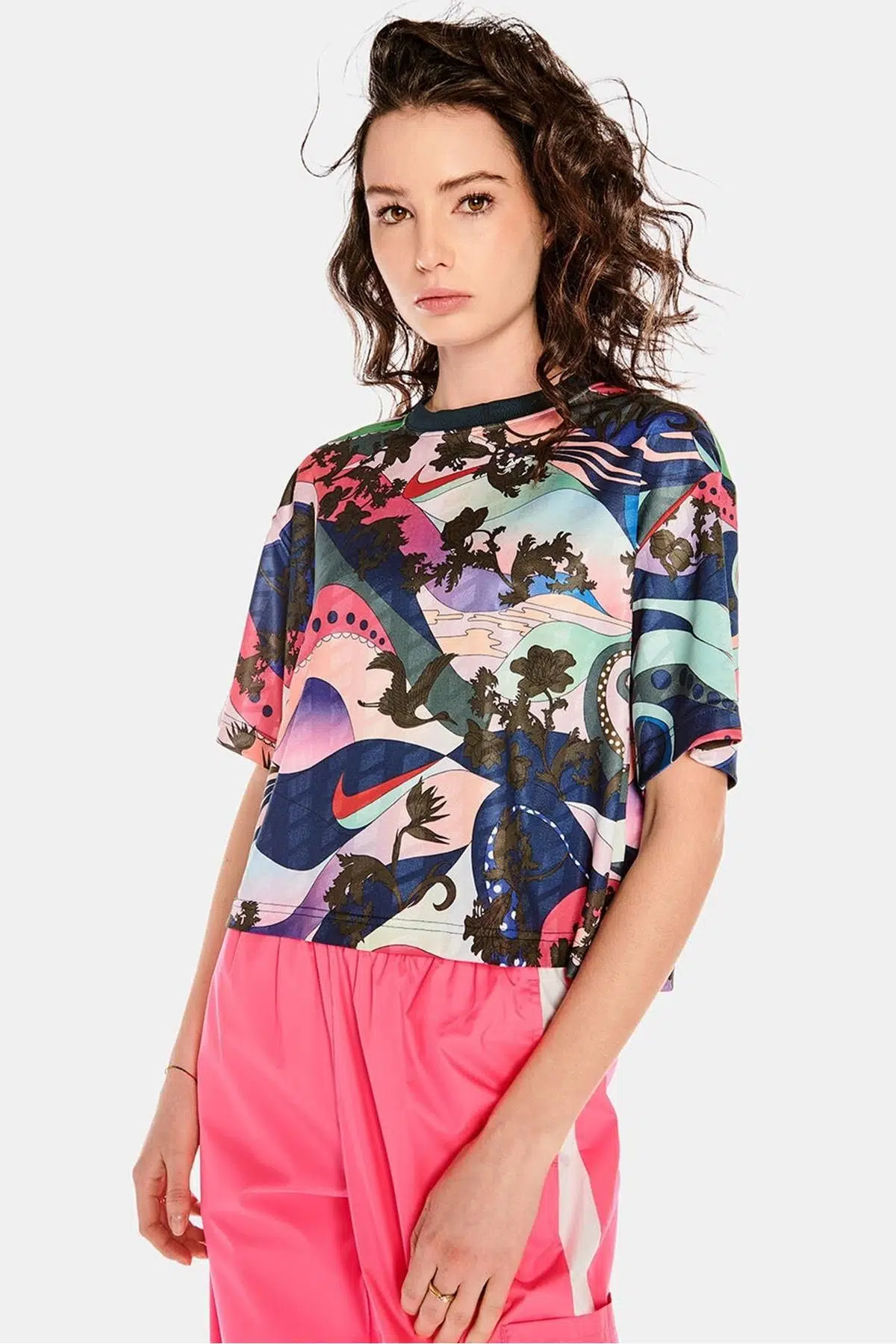 Nike icon Clash Over Size Crop Tee Renkli Dijital Baskı Bisiklet Yaka Crop Tişört