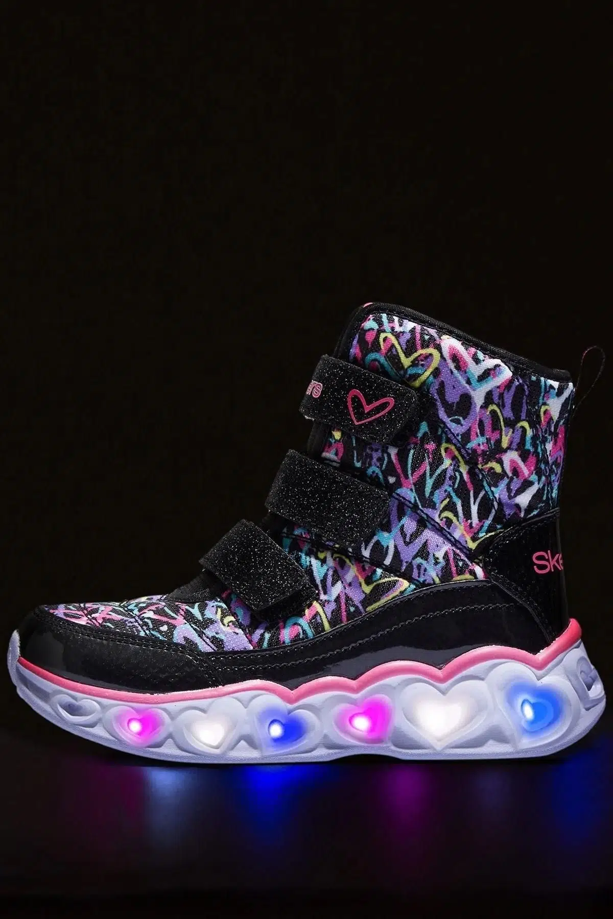 Skechers Heart Lights Sneaker On Off Düğmeli ışıklı Bantlı Kız Çocuk Botu Siyah