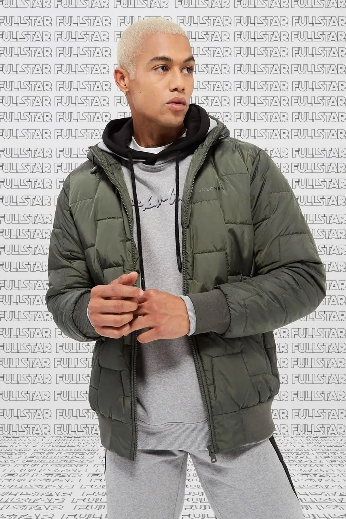 Skechers Outerwear Synthetic Padded Jacket Kapüşonlu Rahat Kalıp Haki Mont