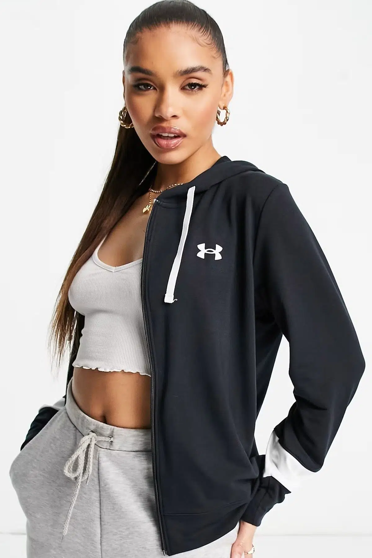 Under Armour Rival Terry CB Womens Hoodie Kadın Kapüşonlu Tam Boy Fermuarlı Sweatshirt Siyah